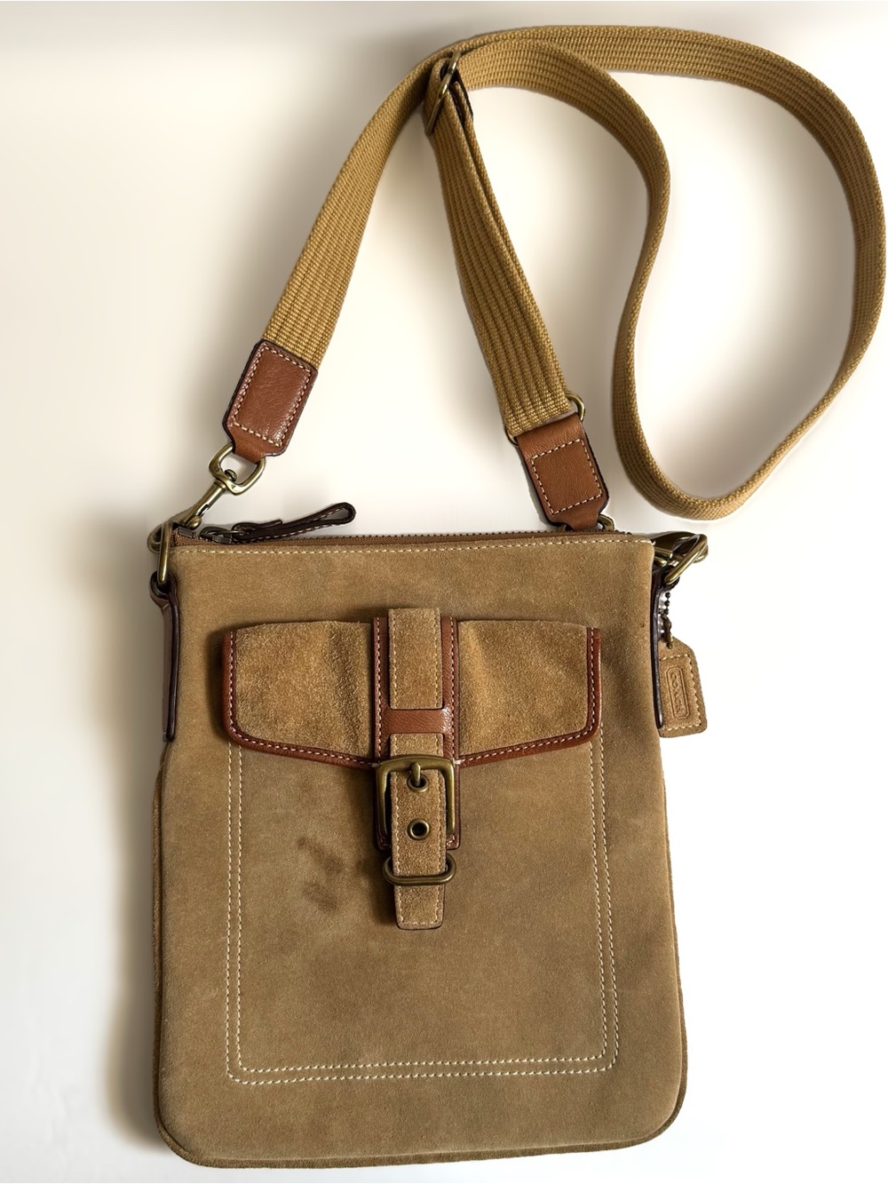 Vintage Coach Hamilton Suede Leather Crossbody Flap Bag Purse Y2K Boho Tan READ
